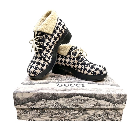 Gucci Shearling Hounstooth Lace Up Ankle Boots